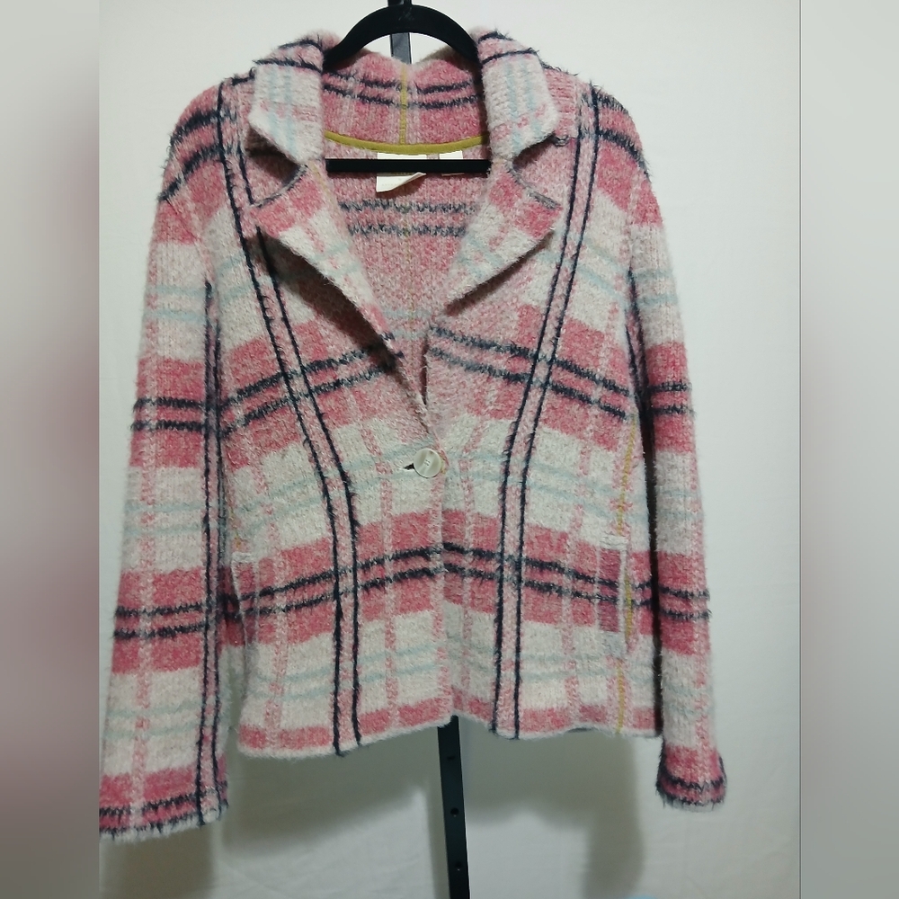 Anthropologie Plaid Teddy Jacket in Pink and Cream
